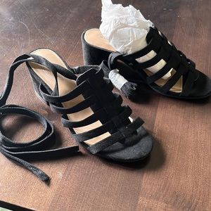NWOT Black Suede Lace Up Cage Mule Heels